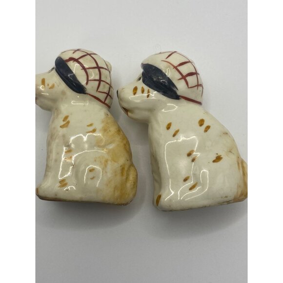 Vintage Ceramic Dog Salt & Pepper Shakers With Plaid Caps occupied Japan - Picture 3 of 13